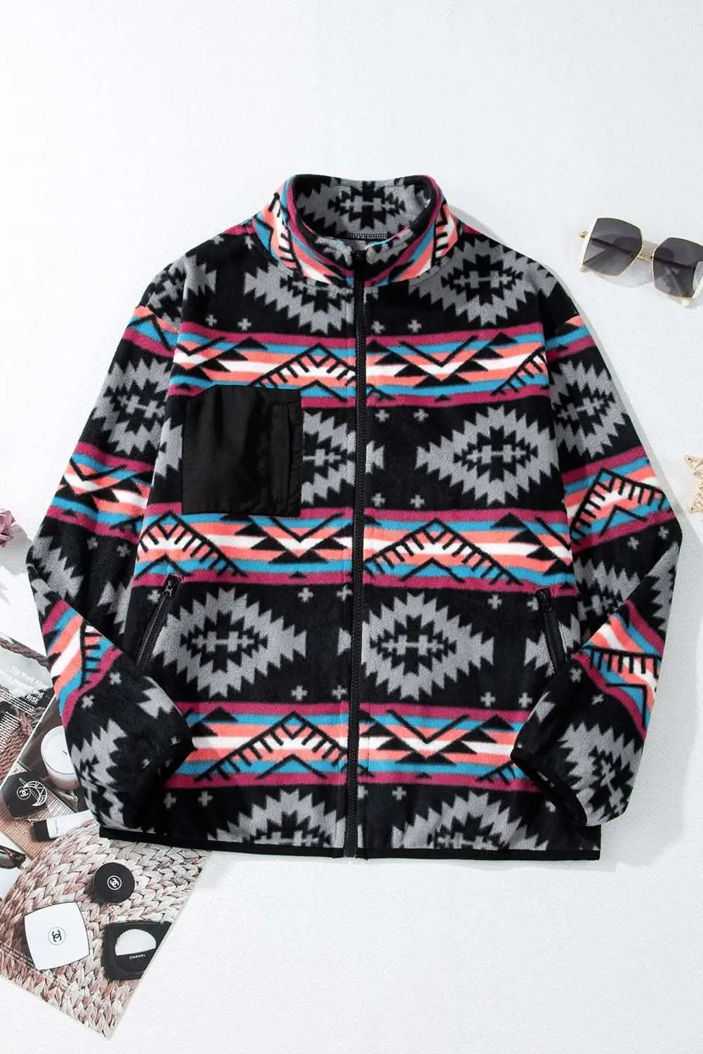 Boho black aztec zip collar jacket - Love Salve
